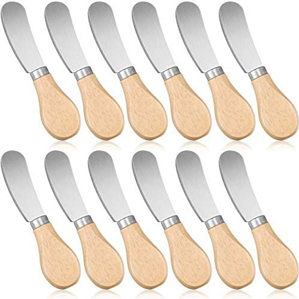 Patelai 12 Pieces Cheese Spreader Cheese Butter Knife Stainless Steel Butter Spreader Knives with Wooden Handle Sandwich Cream Cheese Cake Condiment Knife Set 4.7 Inch