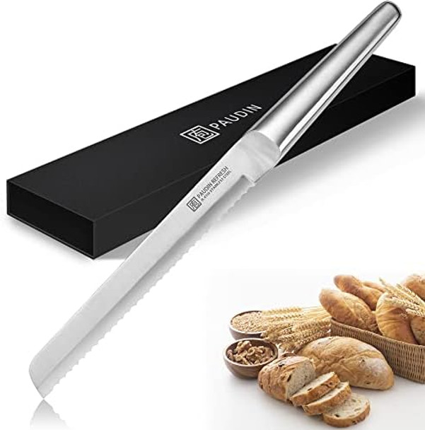 PAUDIN Bread Knife 8 Inch High Carbon Stainless Steel Serrated Bread Knife Ultra Sharp Wide Edge Cake Knives with Ergonomic Hollow Handle for Slicing Bread Cake and Bagels