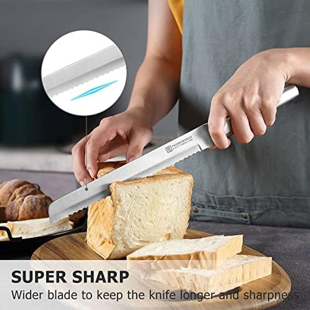 PAUDIN Bread Knife 8 Inch High Carbon Stainless Steel Serrated Bread Knife Ultra Sharp Wide Edge Cake Knives with Ergonomic Hollow Handle for Slicing Bread Cake and Bagels