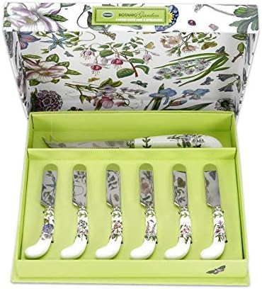 Portmeirion Botanic Garden Cheese Knife & Spreaders (7-Piece Set) - Assorted Floral Motifs Stainless Steel with Porcelain Handles Chip-Resistant Glaze - Elegant Tableware for Sunday Brunch
