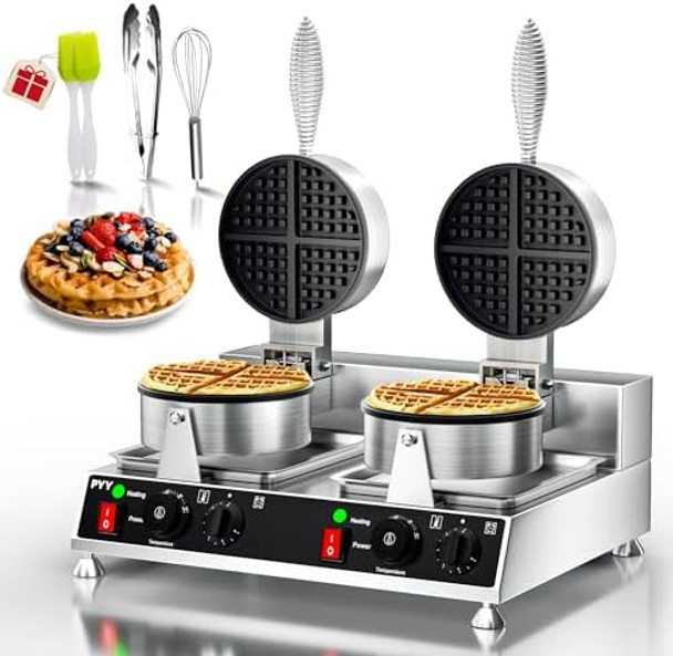 PYY Commercial Waffle Maker - Double Waffle Maker 2500W Large Stainless Steel，Silver Non-stick Electric Chaffle Maker for Restaurants Waffle Houses and Carnival Events