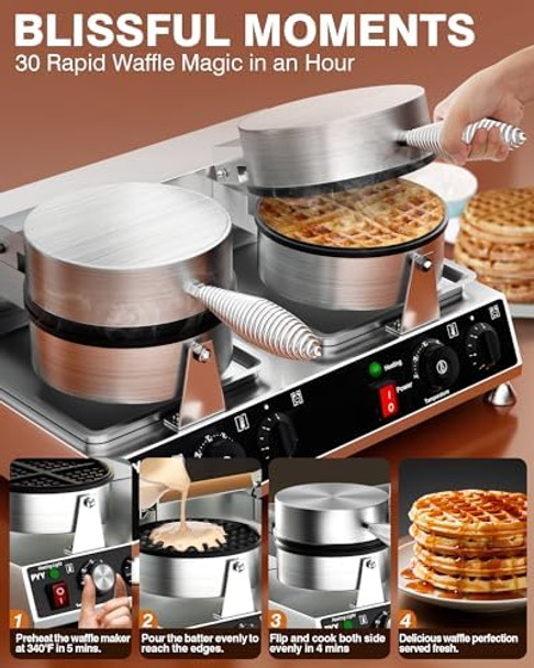 PYY Commercial Waffle Maker - Double Waffle Maker 2500W Large Stainless Steel，Silver Non-stick Electric Chaffle Maker for Restaurants Waffle Houses and Carnival Events