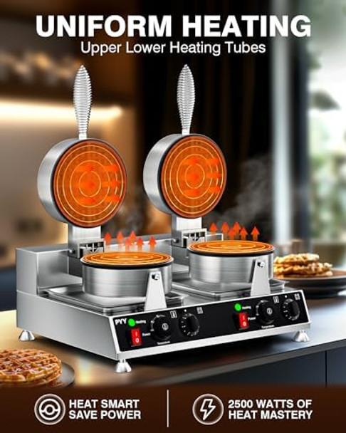 PYY Commercial Waffle Maker - Double Waffle Maker 2500W Large Stainless Steel，Silver Non-stick Electric Chaffle Maker for Restaurants Waffle Houses and Carnival Events