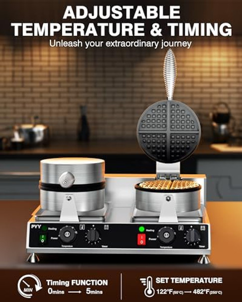 PYY Commercial Waffle Maker - Double Waffle Maker 2500W Large Stainless Steel，Silver Non-stick Electric Chaffle Maker for Restaurants Waffle Houses and Carnival Events