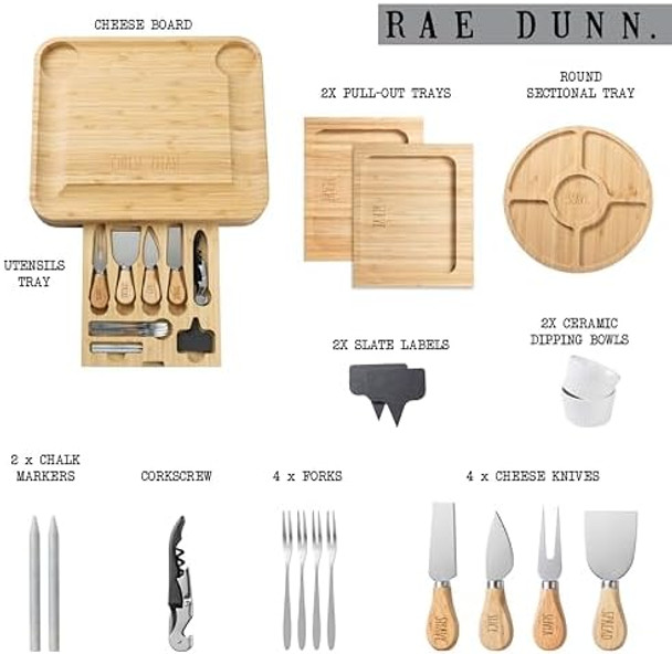 Rae Dunn Charcuterie Board & Accessories - Large Charcuterie Board Set Bamboo Cheese Board Set with Serving Forks and Platters Cheese Knives Included