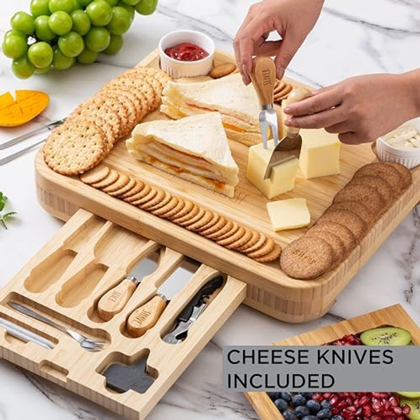 Rae Dunn Charcuterie Board & Accessories - Large Charcuterie Board Set Bamboo Cheese Board Set with Serving Forks and Platters Cheese Knives Included