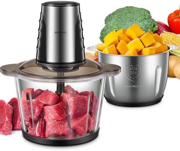 Food Processors with 2 Large Bowls(12 Cup+12 Cup) Reemix Electric Chopper with Powerful 500W Copper Motor 4 Bi-Level Blades for Fruits Meat Vegetables Baby Food Nuts 2 Speeds