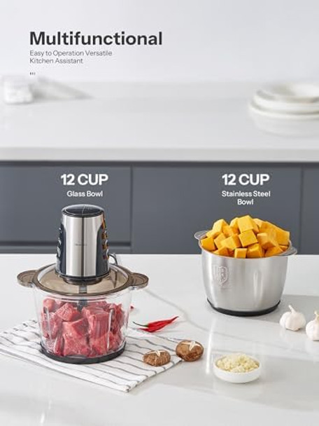 Food Processors with 2 Large Bowls(12 Cup+12 Cup) Reemix Electric Chopper with Powerful 500W Copper Motor 4 Bi-Level Blades for Fruits Meat Vegetables Baby Food Nuts 2 Speeds