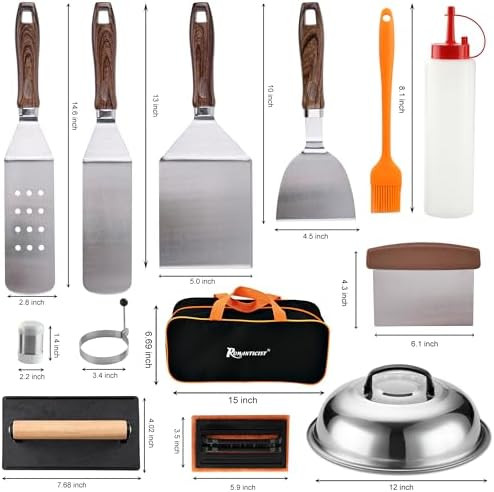 ROMANTICIST 19PCS Griddle Accessories Set - Flat Top Teppanyaki Spatula Set with Scraper Basting Cover for Camp Chef- Home Cooking Griddle and Outdoor BBQ s for Christmas