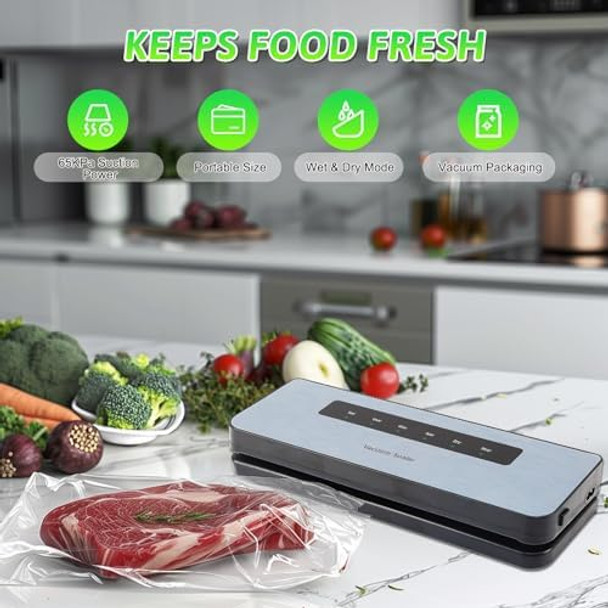 Food Sealer Vacuum Sealer Powerful 65KPa Suction Power Moist Dry Mode Automatic Food Sealer with 10 Bags for Compact Food Storage