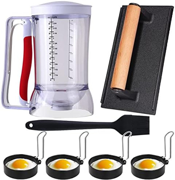 7 Piece Griddle Breakfast Kit for Blackstone Griddle Accessories Set - Included Pancake Batter Dispenser Bacon Press Egg Rings Basting Brush
