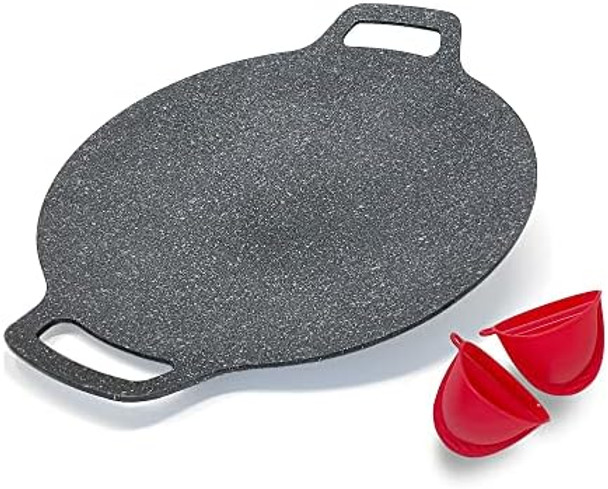 Korean Style BBQ Grill Pan for Stove Top Camping and IH 13" Round Griddle With Double Bottom Non-stick Coating Frying Pan