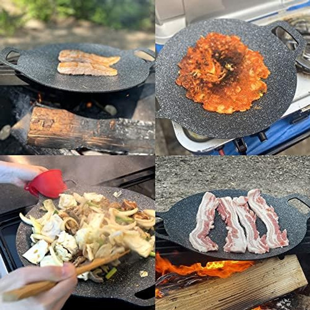 Korean Style BBQ Grill Pan for Stove Top Camping and IH 13" Round Griddle With Double Bottom Non-stick Coating Frying Pan
