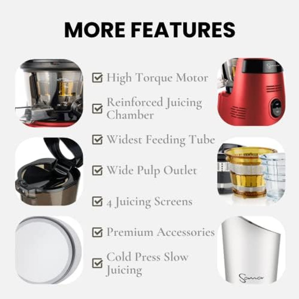 SANA 868 Wide Mouth Premium Cold Pressed Vertical Juicer Patented Trap Door System Includes 2 Premium Accessories 240W High Torque Motor 15 Year (Black)