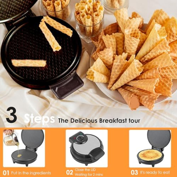 Mini Waffle Ice Cream Cone Maker Homemade Ice Cream Cones 1200W Electric Nonstick Waffler Iron Machine for DIY Home Kitchen Holiday Parties Baking Get Home Ice Cones in 2 Minutes