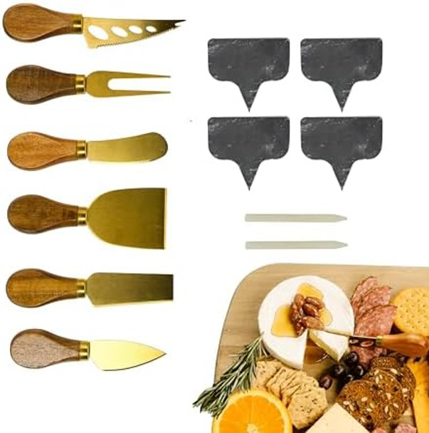 12-pc Gold Cheese Knife Set for Charcuterie Board - Cheese Knives + Slate Label + Soapstone - Stainless Steel Charcuterie Accessories Utensils Bamboo Handle - Charcuterie Boards Accessories 12-pc Gold Cheese Knife Set for Charcuterie Board - Cheese Knives + Slate Label + Soapstone - Stainless Steel Charcuterie Accessories Utensils Bamboo Handle - Charcuterie Boards Accessories