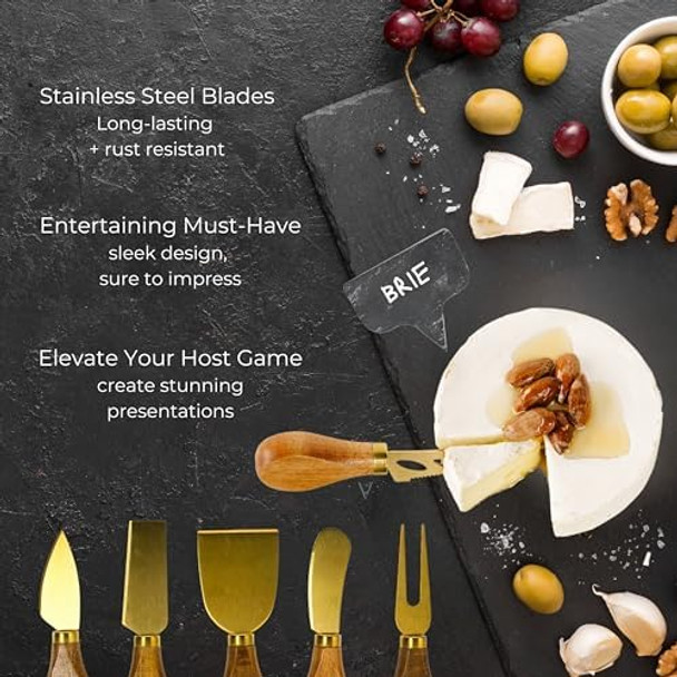 12-pc Gold Cheese Knife Set for Charcuterie Board - Cheese Knives + Slate Label + Soapstone - Stainless Steel Charcuterie Accessories Utensils Bamboo Handle - Charcuterie Boards Accessories 12-pc Gold Cheese Knife Set for Charcuterie Board - Cheese Knives + Slate Label + Soapstone - Stainless Steel Charcuterie Accessories Utensils Bamboo Handle - Charcuterie Boards Accessories