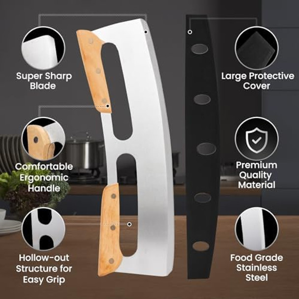 SCHVUBENR 14'' Pizza Cutter Rocker with Wooden Handles - Sharp Stainless Steel Pizza Slicer with Comfort Cover - Large Pizza Knife Cutter Wheel - Easy to Use & Clean - Slice Pizza with Ease
