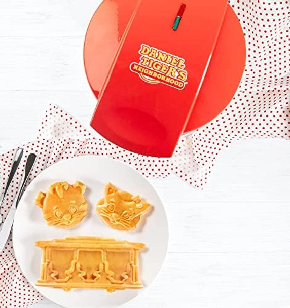 Daniel Tiger Neighborhood Waffle Maker Iron- Electric Nonstick Waffler Feat. 3D Mini Character Shaped Waffles Pancakes- Daniel Tiger Katerina Kitty Cat & Trolley- Fun Breakfast for Kids - Great