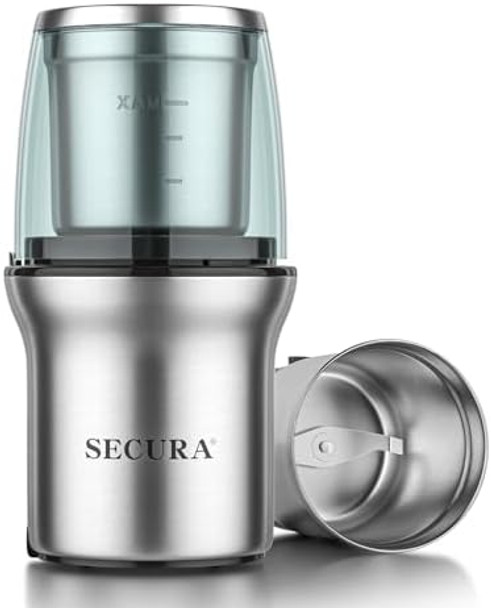 Secura Electric Coffee Grinder and Spice Grinder with 2 Stainless Steel Blades Removable Bowls