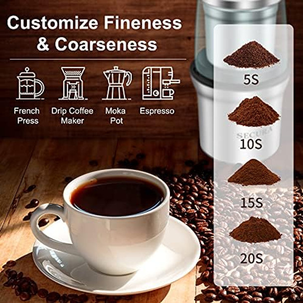 Secura Electric Coffee Grinder and Spice Grinder with 2 Stainless Steel Blades Removable Bowls