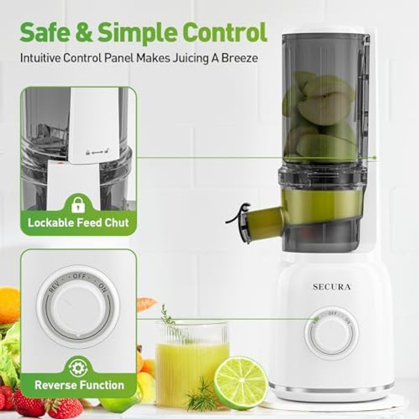 Secura Mesh Slow Juicer with Stainless Steel Prong Spiral Auger Cold Press Juicer Masticating Juicer Machines with Quiet Motor & Reverse Function for Vegetables and Fruits White