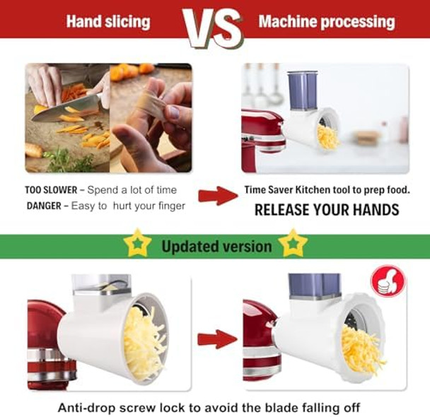 d Version - Cheese Grater Slicer Shredder Attachments for KitchenAid Stand Mixers Food Slicers Salad Maker Accessory Vegetable Chopper with 4 Blades Dishwasher Safe