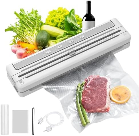 Powerful Vacuum Sealer Seal in 10-20 Seconds Dry Moist fruit (gentle) Modes with External Vacuum System With 300CM Bag Roll+5 Vacuum Bags One-Touch Automatic Built-in Cutter (Grey).