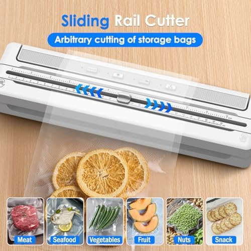 Powerful Vacuum Sealer Seal in 10-20 Seconds Dry Moist fruit (gentle) Modes with External Vacuum System With 300CM Bag Roll+5 Vacuum Bags One-Touch Automatic Built-in Cutter (Grey).