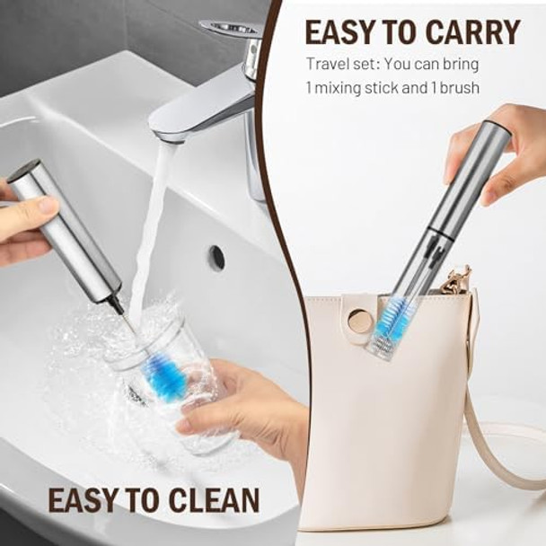 Milk Frother Wand for Coffee Coffee Foamer Drink Mixer Handheld Frother Rechargeable Electric Whisk with 5 Heads 2 Speeds for Latte Cappuccino Hot Chocolate Egg(Home and Travel Set Black)