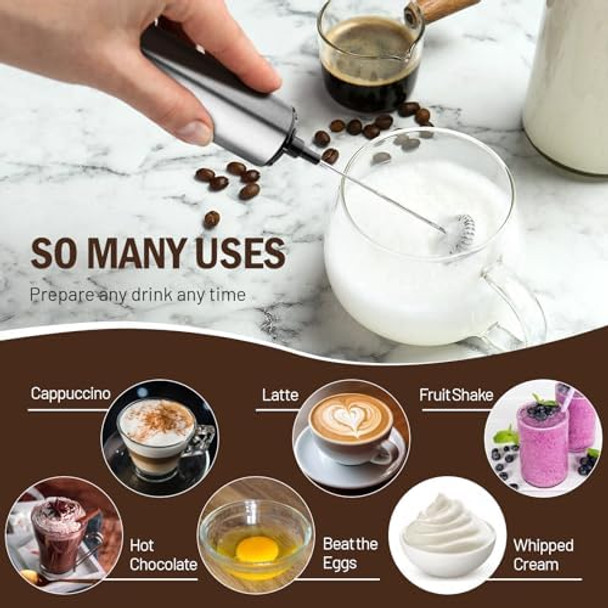 Milk Frother Wand for Coffee Coffee Foamer Drink Mixer Handheld Frother Rechargeable Electric Whisk with 5 Heads 2 Speeds for Latte Cappuccino Hot Chocolate Egg(Home and Travel Set Black)