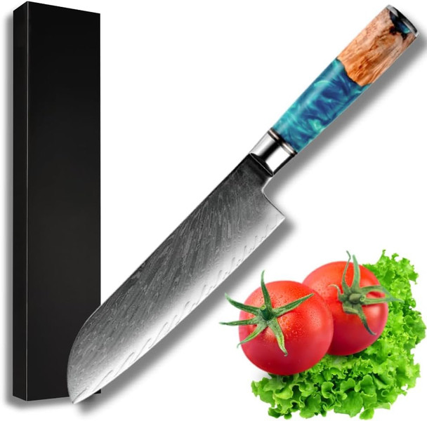Kerie Santoku Knife Damascus Chef Knife Sharp Chef Kitchen Utility - Vg10 Stainless Damascus Chopping Knife - River Resin & Stabilized Wood Professional Razor Sharp Japanese Knife