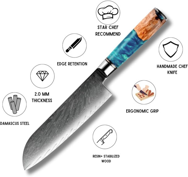 Kerie Santoku Knife Damascus Chef Knife Sharp Chef Kitchen Utility - Vg10 Stainless Damascus Chopping Knife - River Resin & Stabilized Wood Professional Razor Sharp Japanese Knife