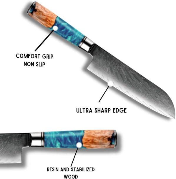 Kerie Santoku Knife Damascus Chef Knife Sharp Chef Kitchen Utility - Vg10 Stainless Damascus Chopping Knife - River Resin & Stabilized Wood Professional Razor Sharp Japanese Knife