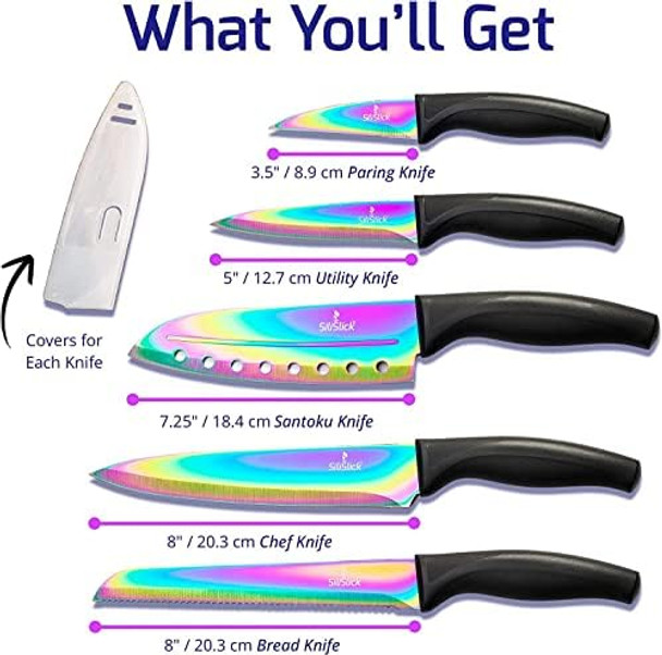 Rainbow Kitchen Knife Set Sharp Stainless Steel Knives with Titanium Coating Chef Bread Santoku Paring & Utility Includes Covers Ergonomic Black Handle