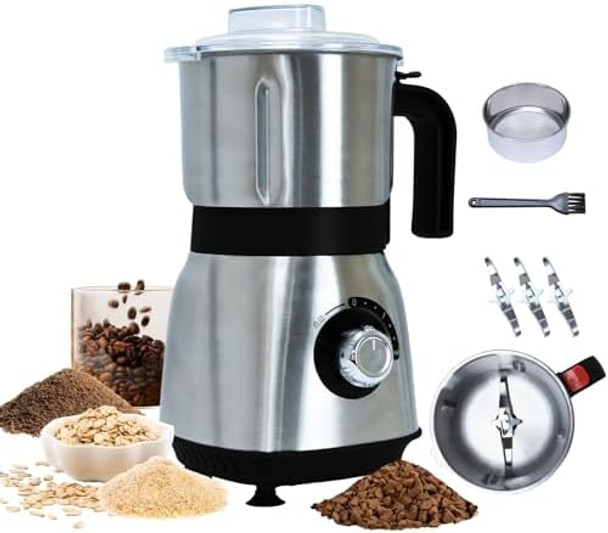 Grain Grinde For Kitchen Electric Spice Grinders Comes With 3 Removable Stainless Steel Blades 500w Herb Grinder Suitable For Grinding Spices Coffee Beans Grains Nuts (Black）