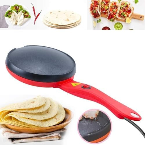 Portable Electric Crepe Maker 110V 8” Household Pancake Machine with Auto Temperature Control Non-stick Crepe Pan for Pancake Blintz Chapati Including Egg Beater & Batter Pot Red&Black 1Pack