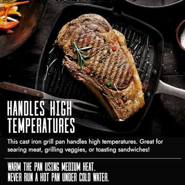 Traditional Cast Iron Grill Pan Pre-Seasoned (9.5" x 9.5") – Natural Non-Stick Layer Suitable For All Heatsources
