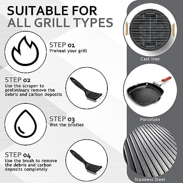 Sliner 6 Pcs 8 Inch Grill Brush with Scrap Black Scrubbing Stainless Steel Wire Grill Cleaner Brush BBQ Accessories for Indoor Outdoor Grate Remove Grease Burnt Food