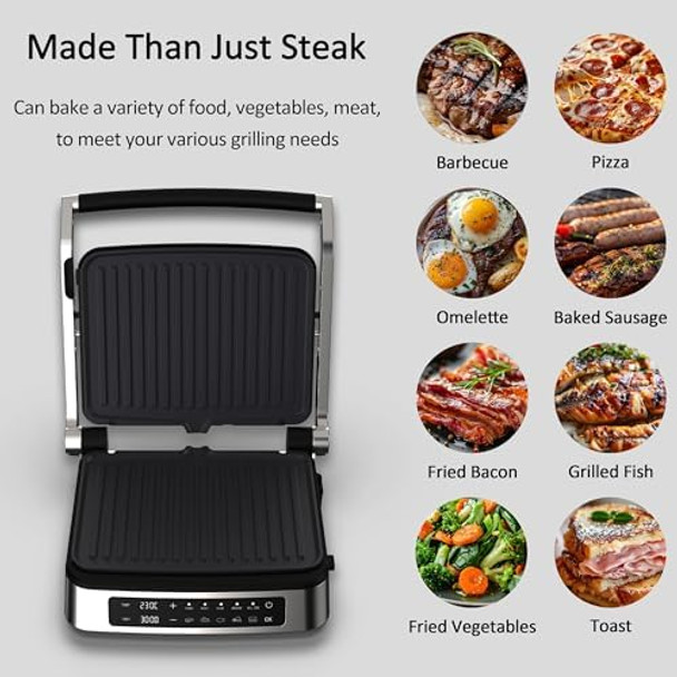 Multi-Function Contact Grill & Griddle Stick Cooker Removable Drip Tray & Non-Stick Coated Plates Open 180° 3-In-1 Electric Indoor Grill w/5 Auto Modes Temperature Control & Timer