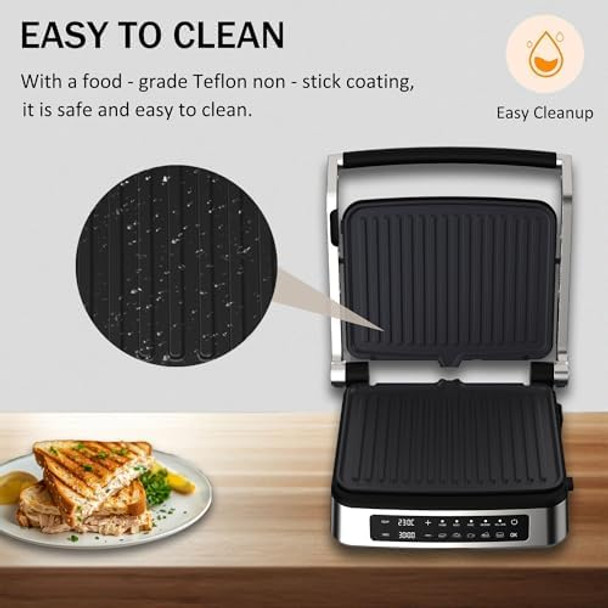 Multi-Function Contact Grill & Griddle Stick Cooker Removable Drip Tray & Non-Stick Coated Plates Open 180° 3-In-1 Electric Indoor Grill w/5 Auto Modes Temperature Control & Timer