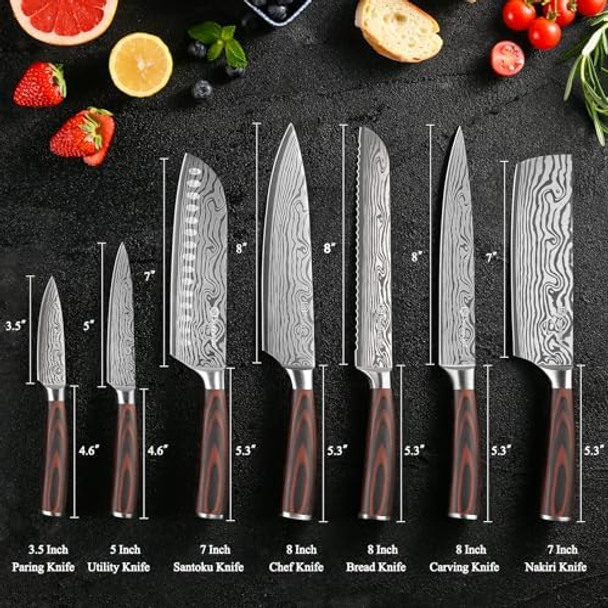 Sunnecko Kitchen Knife Set 7 Piece Chef Knife Set Professional High Carbon Stainless Steel Sharp Kitchen Knives with Wooden Handle