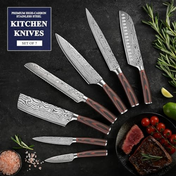 Sunnecko Kitchen Knife Set 7 Piece Chef Knife Set Professional High Carbon Stainless Steel Sharp Kitchen Knives with Wooden Handle