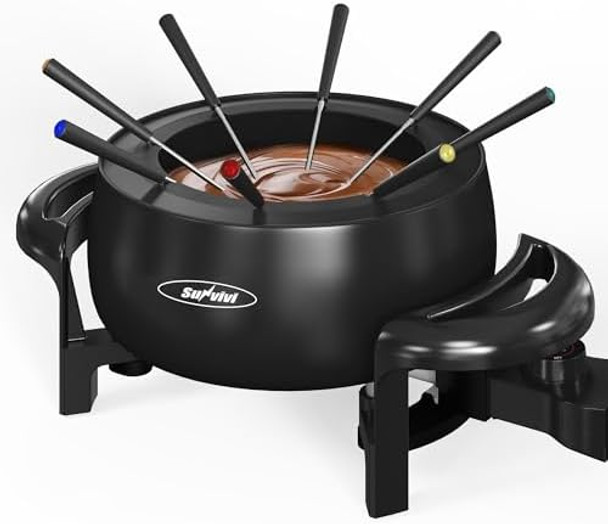 Sunvivi Electric Fondue Pot Set for Melting Chocolate Cheese 3 Quart Fondue Set with Adjustable Temperature Control and 8 Color-Coded Forks 1000W Non-Stick Fondue Maker for Dessert Oil and Broth