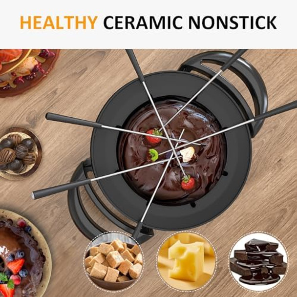 Sunvivi Electric Fondue Pot Set for Melting Chocolate Cheese 3 Quart Fondue Set with Adjustable Temperature Control and 8 Color-Coded Forks 1000W Non-Stick Fondue Maker for Dessert Oil and Broth
