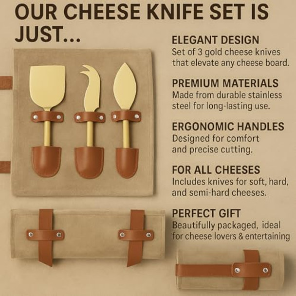 Cheese Knife Set for Charcuterie Board – 3-Piece Gold Stainless Steel Cheese Knives with Leather Pouch – Elegant Charcuterie Tools Utensils Set Cheese Knife Set for Charcuterie Board – 3-Piece Gold Stainless Steel Cheese Knives with Leather Pouch – Elegant Charcuterie Tools Utensils Set