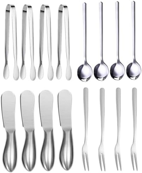 16 Pcs Spreader Knife Set Stainless Steel Multipurpos Cheese and Butter Spreader Knives Mini Serving Tongs Spoons and Forks Charcuterie Utensils Cheese Knives for Cheese Pastry