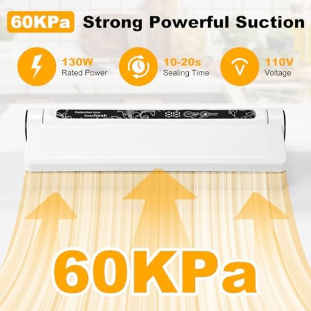 60KPA Compact Vacuum Sealer Machine for Food Storage & Meal Prep Food Sealer for Dry/Wet Food One-Touch Operation Includes 20 Bags (Space-Saving Design)