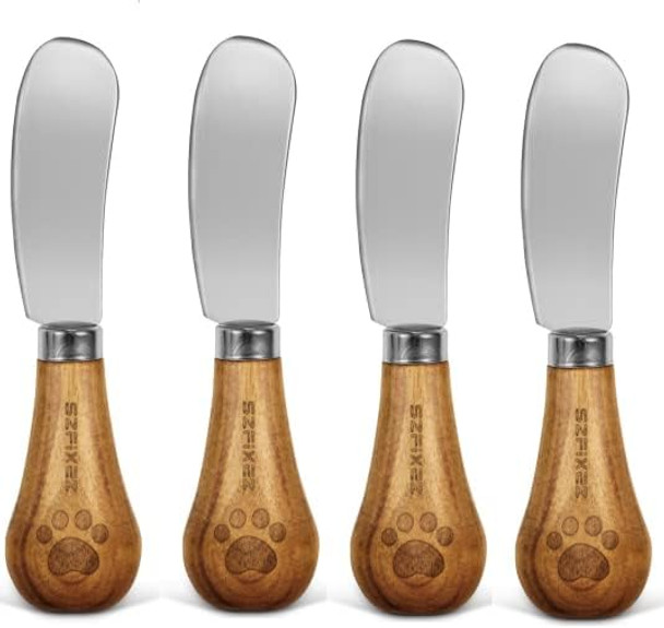 SZFIXEZ Cheese Knife Set Cute Standing Butter Knife Food Grade 420 Stainless Steel Cheese Spreader Knives Butter Spreader with Wooden Handle for Fruit Picnic Charcuterie Party 4.7 Inch 4 Pieces