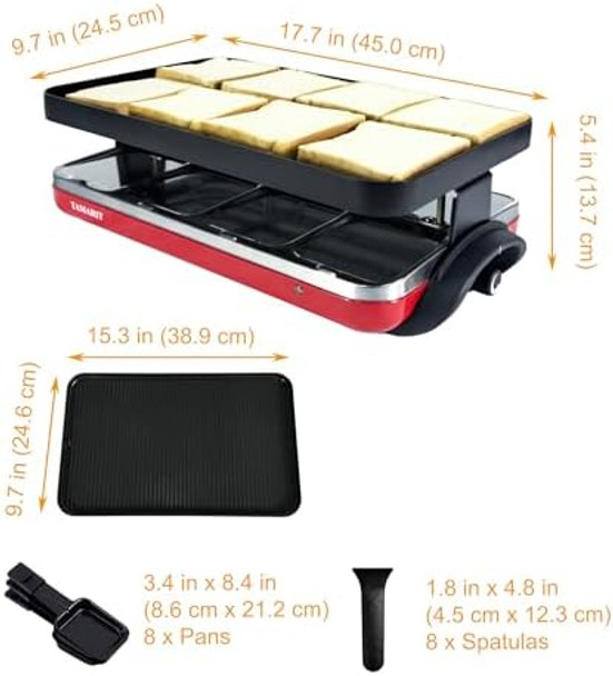 TAMARIT Classic 8 Person Raclette Grill 1500W Electric Tabletop Grill with Reversible Plate 8 Non-Stick Raclette Trays & Spatulas Indoor Portable Korean BBQ Barbecue Grill Party Grill Red